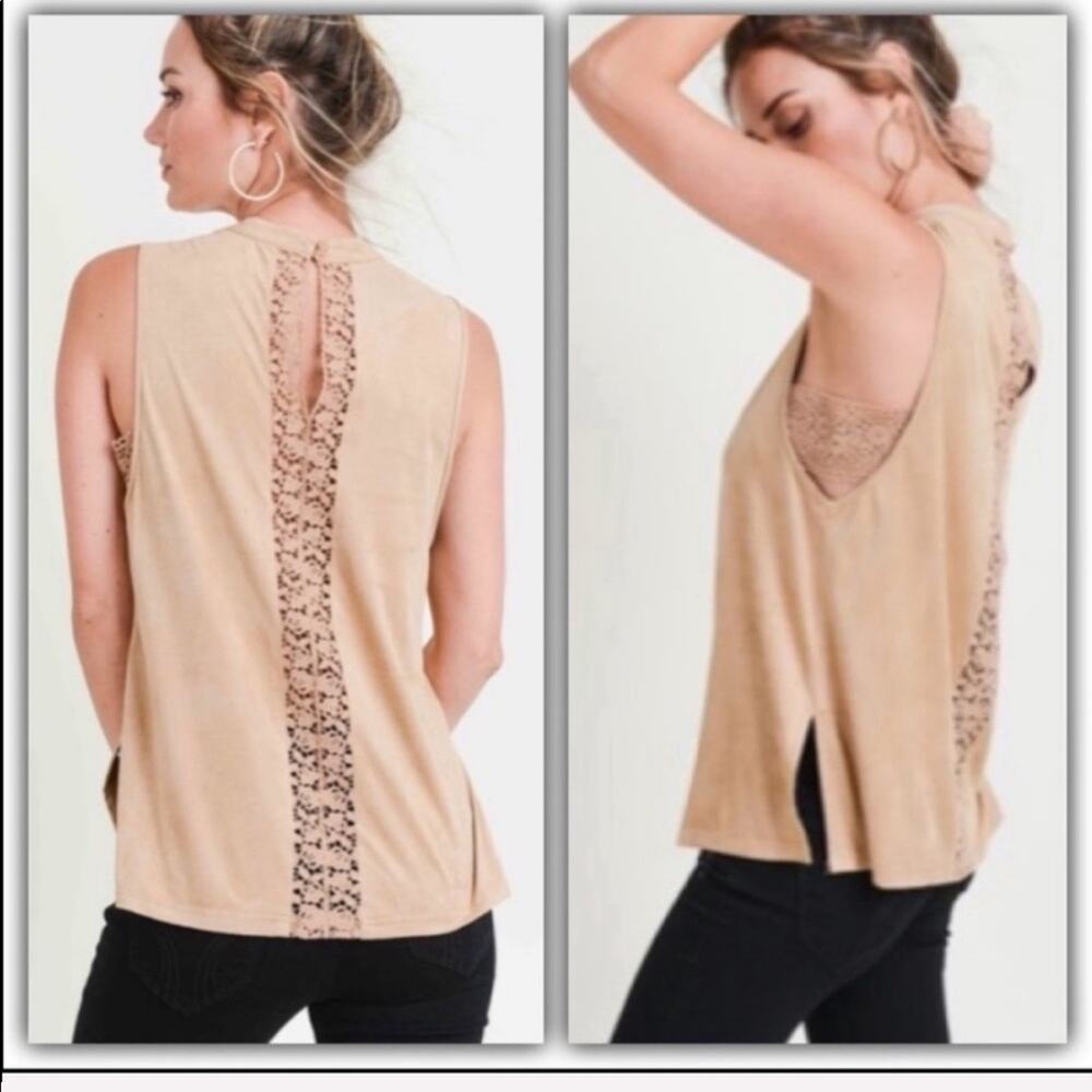 Gold tan suede sleeveless top with crochet